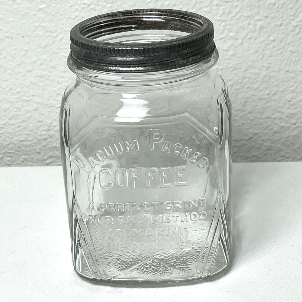 Vintage 1935 Owens Illinois Vacuum Packed Coffee Jar 1 Lb Embossed Zinc Ring